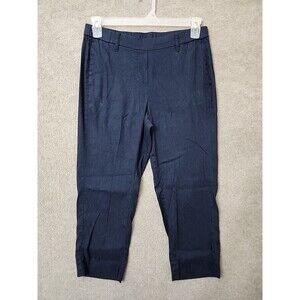J Jill Linen Stretch Crop Pants Womens M Petite Navy Blue Pull On Elastic Waist